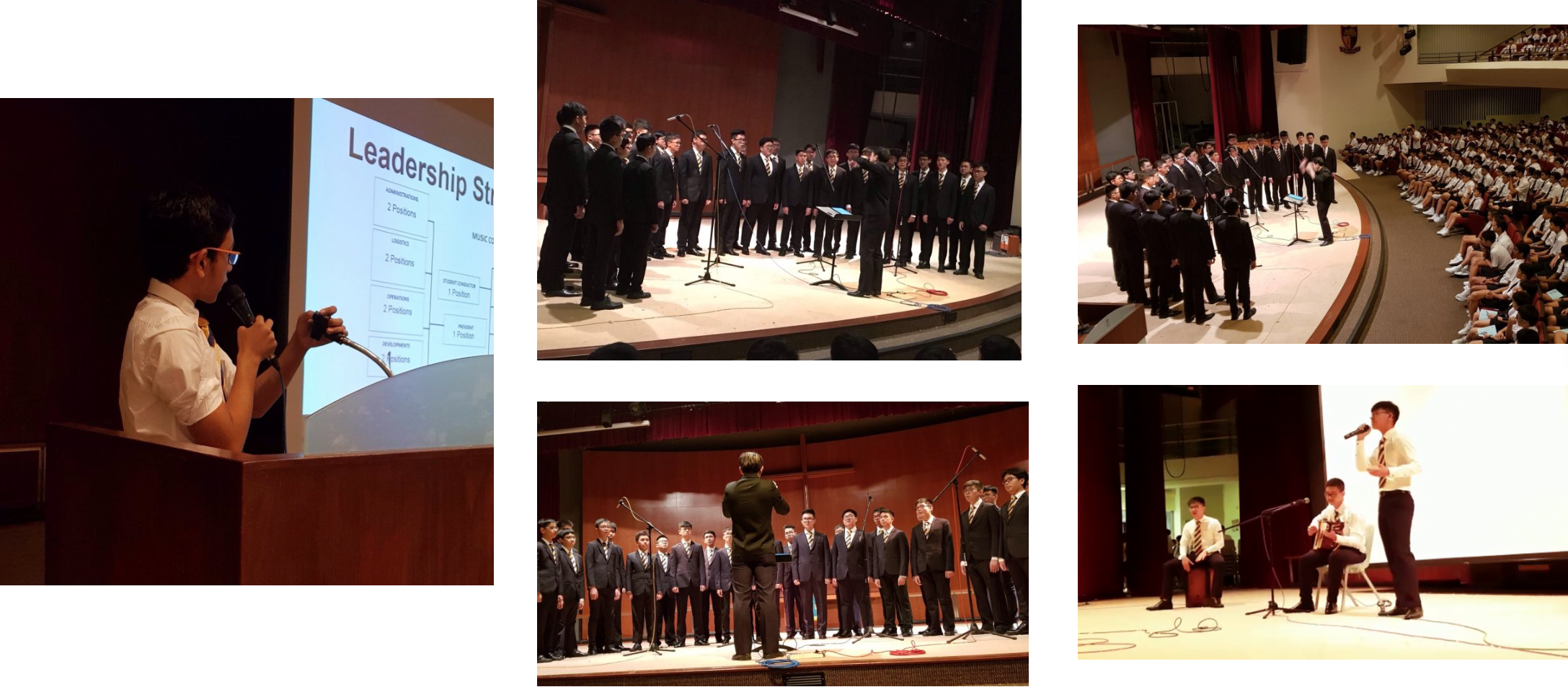 Five photos of a school event showing a choir in suits performing on stage and a student presenting a Leadership Structure slideshow.